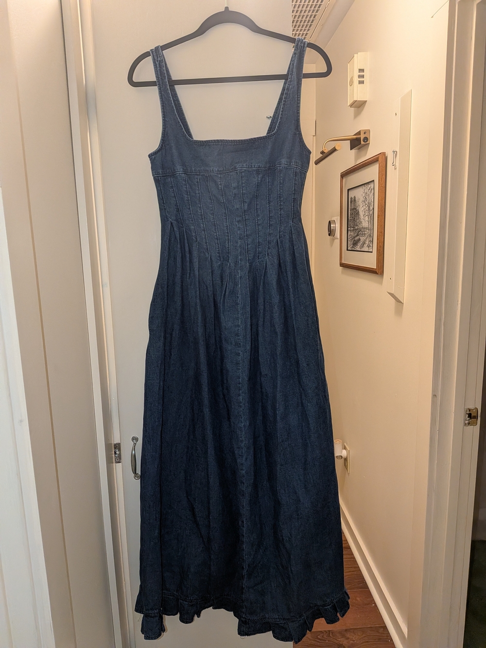 Olivaceous Dark Blue Denim Maxi Dress With Pockets Size Large